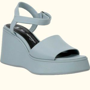 GB The Change Streamline Wrapped Blue Leather Platform Wedges Ladies Size 9.5